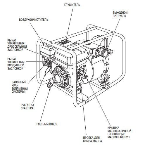 Основные узлы и детали мотопомпы Honda WT30, картинка